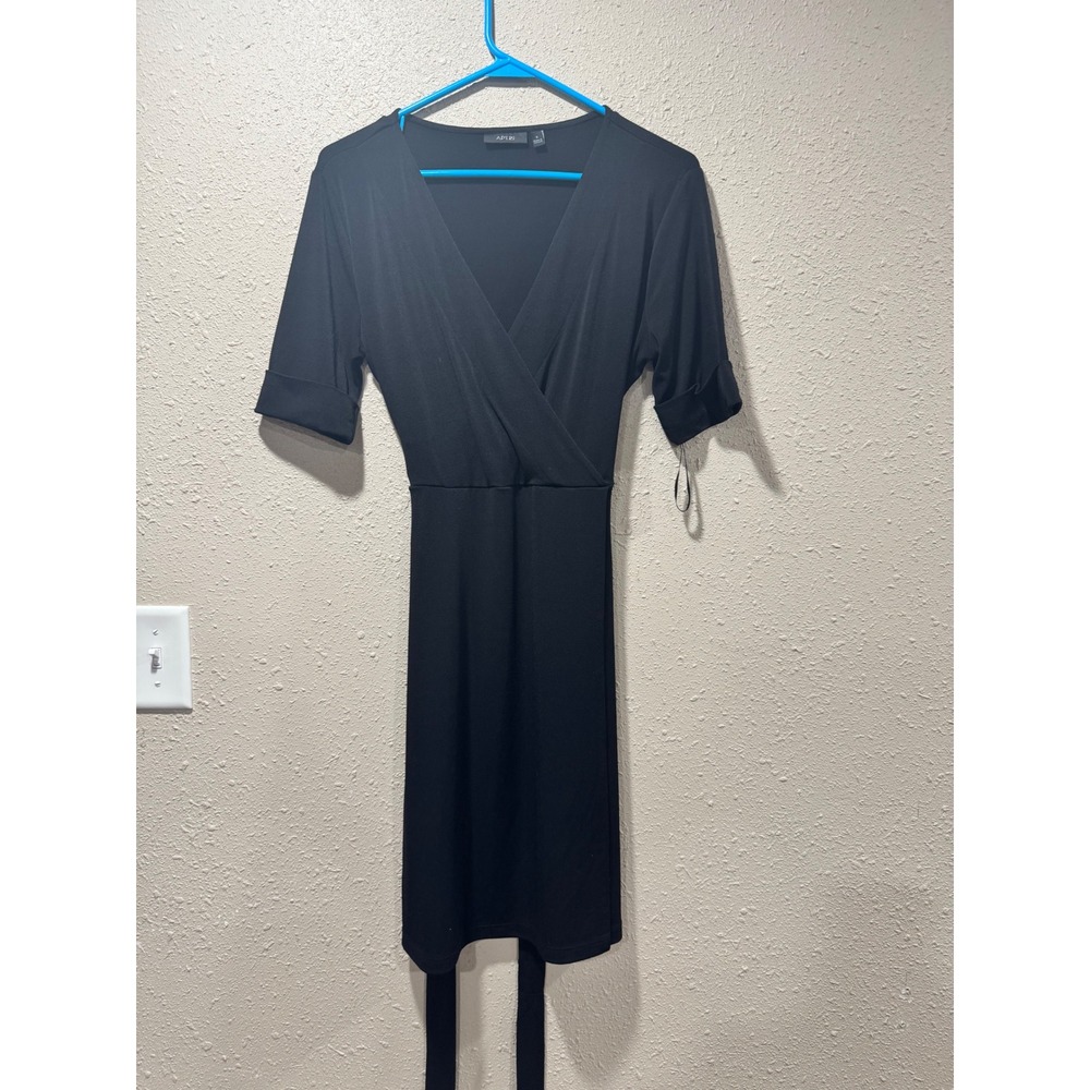 Apt 9 Black Faux Wrap Dress Short Sleeve V-Neck Tie Waist Knee Length‎ Small